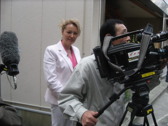 Before turning into a geisha, Judit is about to step in front of the camera for NHK TV.
