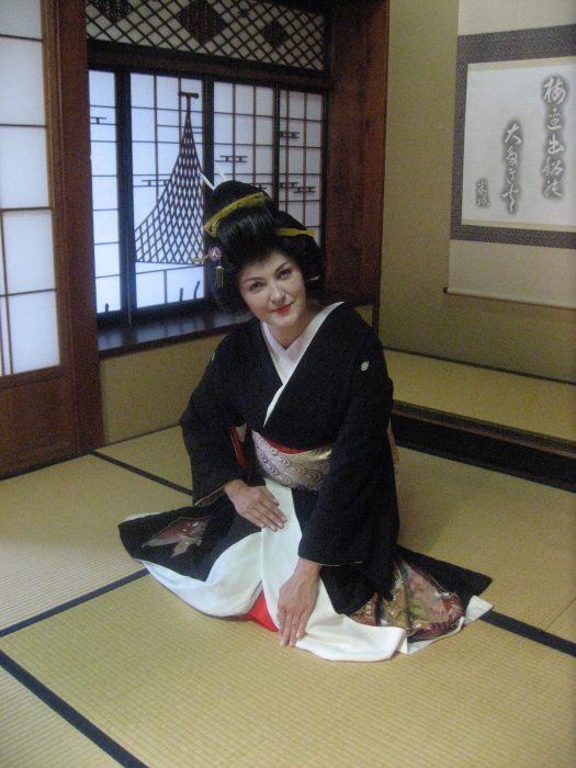 Judit Kawaguchi dressed as a geisha for her NHK TV show 