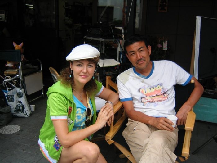 Dekotora movie director Hideyuki Katsuki & journalist Judit Kawaguchi on a break from filming in Asakusa, Tokyo 