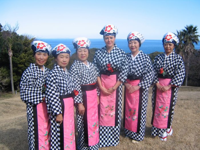 Local ladies and NHK TV reporter Judit Kawaguchi, third from the right, dressed for the Izu Oshima Tsubaki Matsuri (Camellia Festival) 