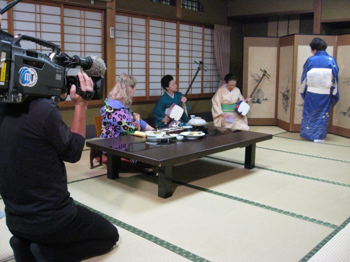 Geisha Chikako Pari being filmed for NHK TV with reporter Judit Kawaguchi 
