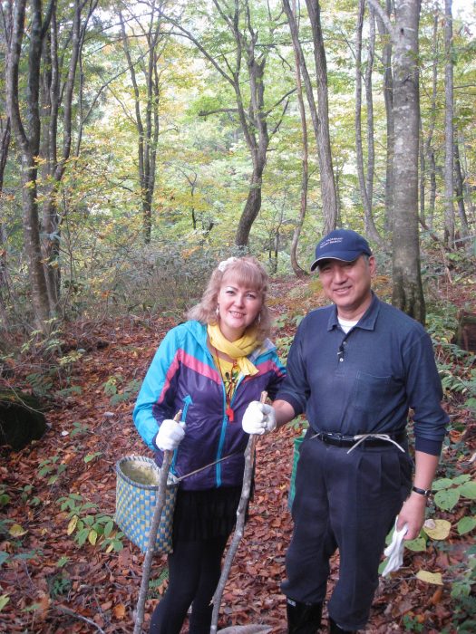 Sato san took Judit mushroom picking in the forest . Lots of bears around! 